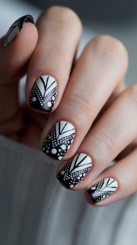 Monochrome Dots And Lines: Minimalist black-and-white nails with symmetrical dots and clean line patterns.
