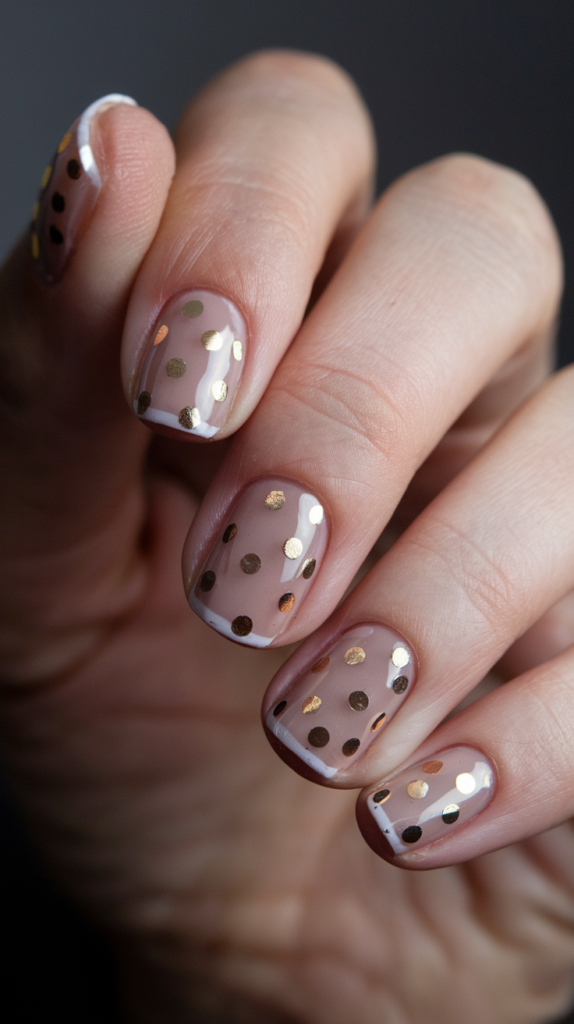 Gold Accented Polka Dots: Nude or beige base with gold foil or metallic polka dots for a touch of glam.
