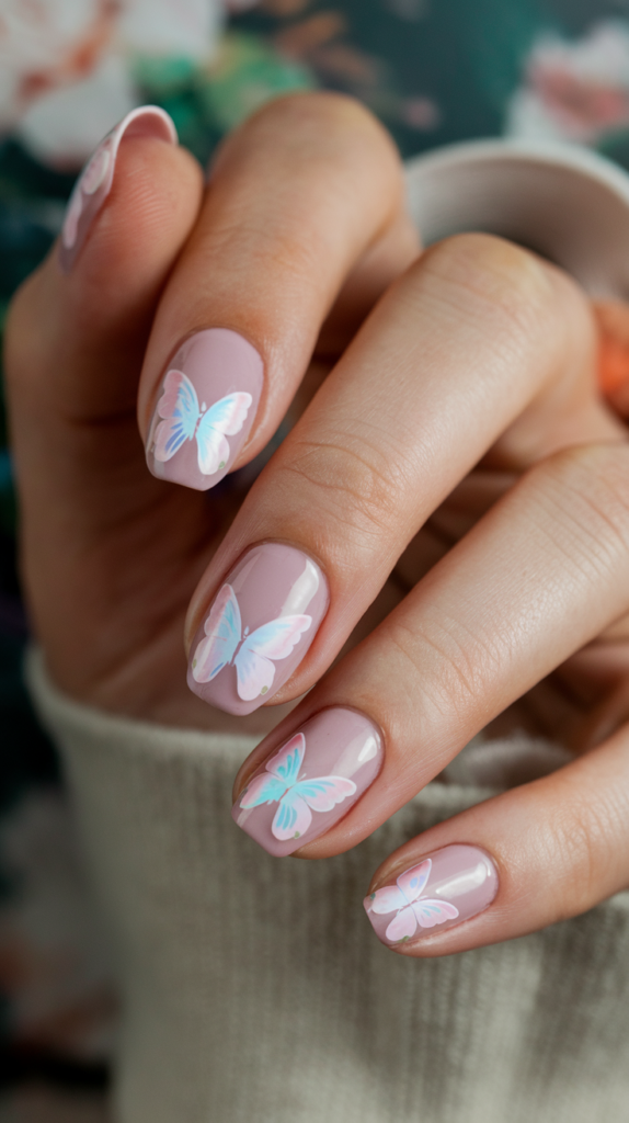 Light pink nails decorated with delicate butterfly stickers, giving a whimsical, nature-inspired look.

