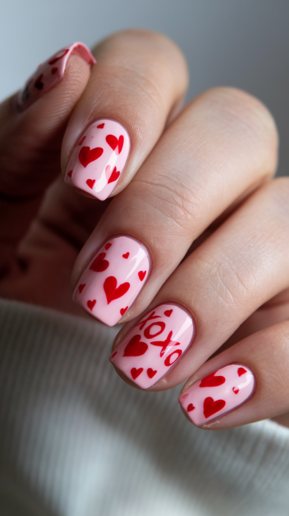 Pale pink nails with red hearts and ‘XO’ patterns, offering a festive Valentine’s Day look.

