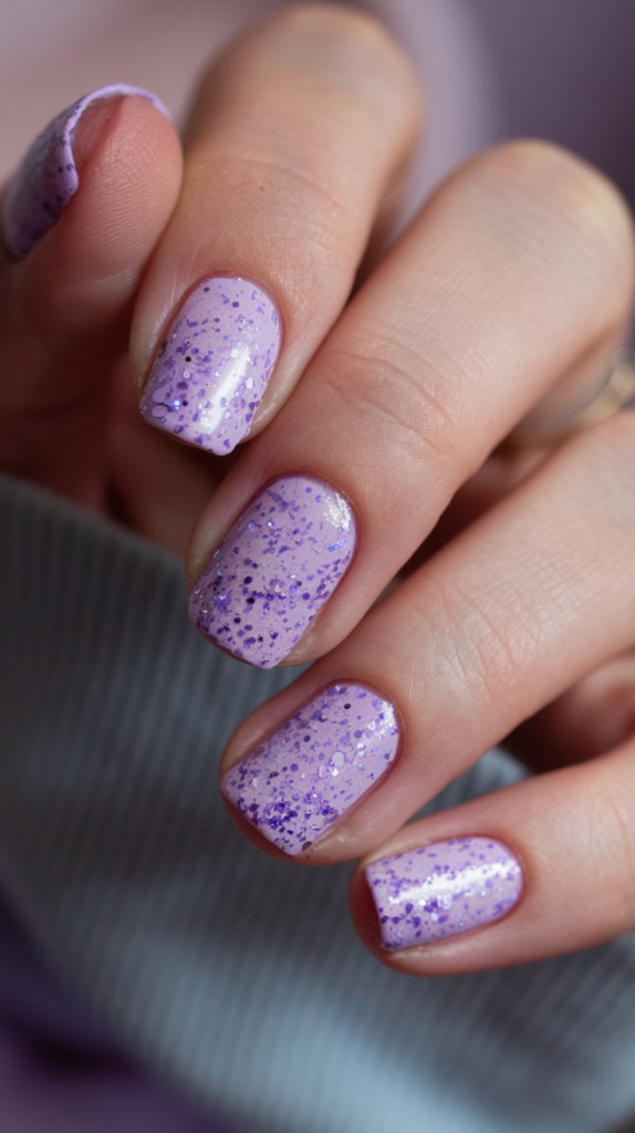 Full Lavender Glitter Nails – Nails completely covered in fine lavender glitter, topped with a glossy coat for maximum sparkle