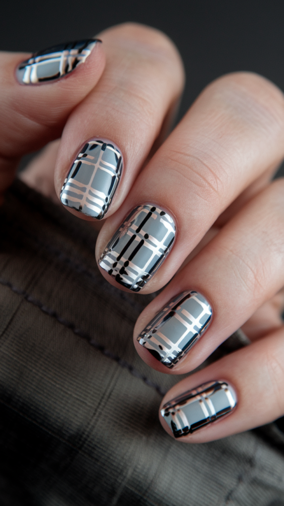 Black nails with silver chrome plaid patterns creating a trendy, metallic twist on classic plaid.

