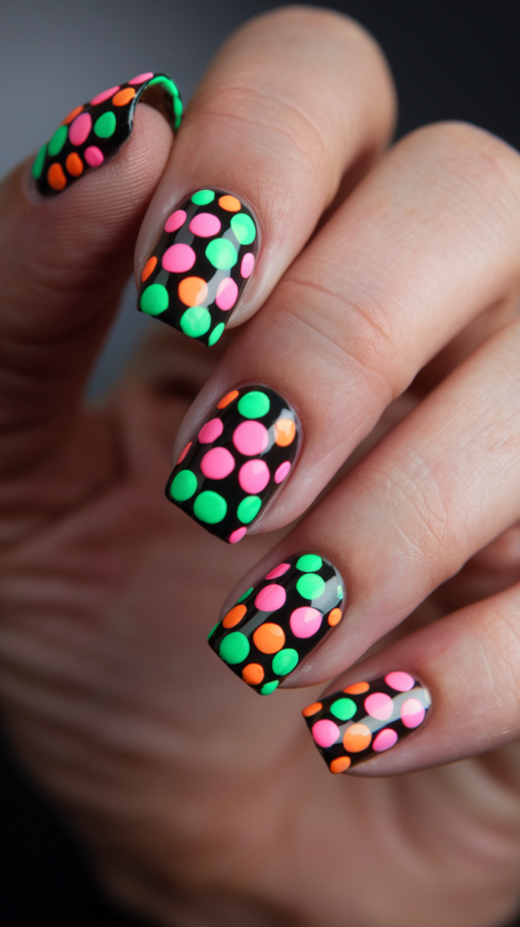 Neon polka dot nails featuring green, pink, and orange dots over a black background