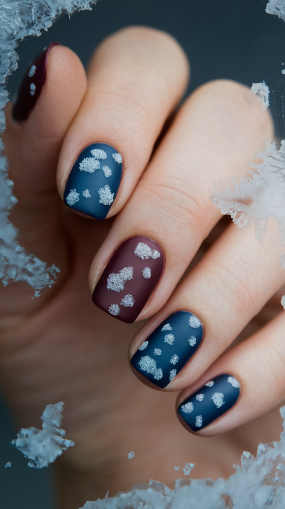 Frosted Polka Dots: Use frosty or iridescent polish for the dots on a darker base for a wintery vibe.
