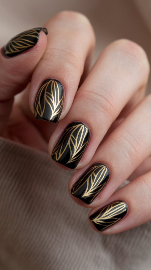 Black nails with delicate gold leaf patterns, blending nature-inspired designs with structured Art Deco elegance.
