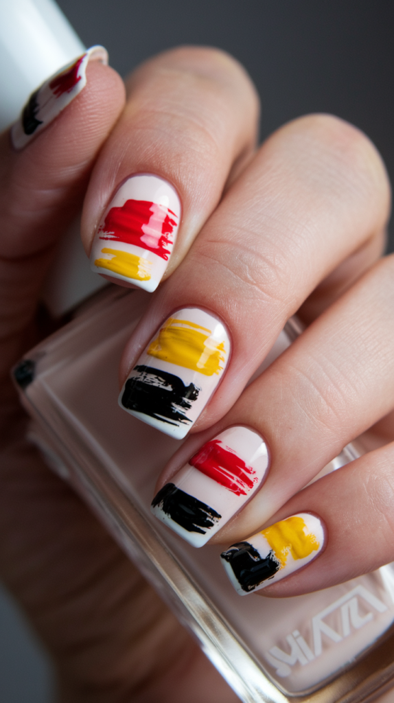 Bold brushstroke patterns in red, yellow, and black on a clean white base, mimicking abstract painted canvases.