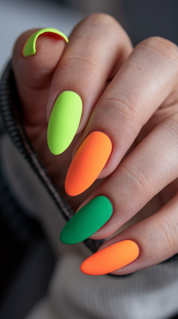 Matte neon nails in bold orange, green, and yellow on almond-shaped nails