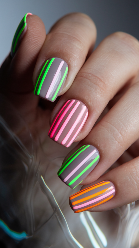 Minimalist neon striped nail design with pink, orange, and green stripes on white