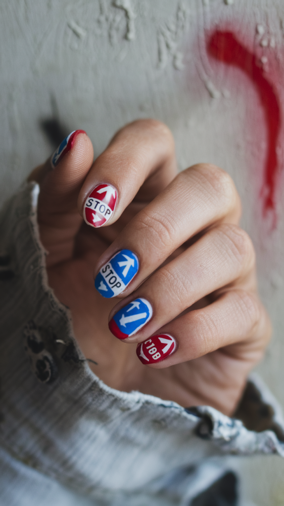 Nails with tiny street signs, including stop symbols and arrows, on a textured grey background