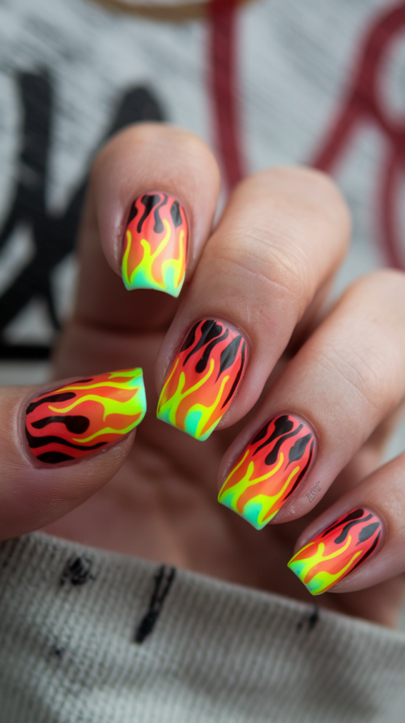 Nails with bold graffiti-style flames in red, orange, and yellow, enhanced with gradient polish for a glowing effect