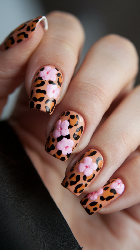 Leopard print nails combined with delicate pink floral accents, creating a unique and balanced design