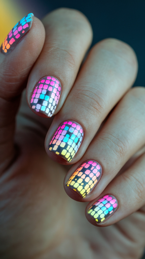 Pixelated Neon Nails – Nails with colorful pixel patterns arranged in gradients that shift hues.
