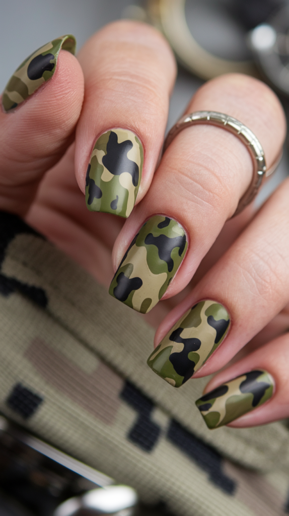 Nails with green camouflage patterns featuring olive, beige, and dark green