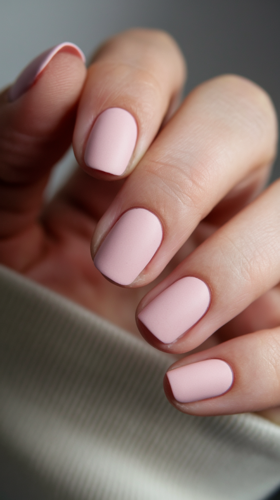 Set of square-shaped nails in soft baby pink with a velvety matte finish, radiating a smooth, non-reflective texture.