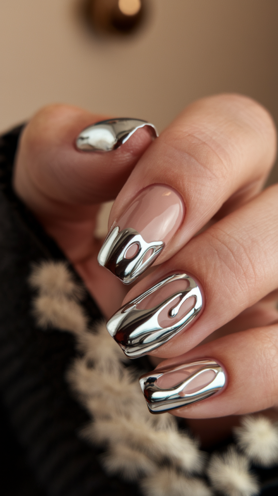 Nude nails with sleek silver chrome outlines along the edges for a modern, minimalist design.

