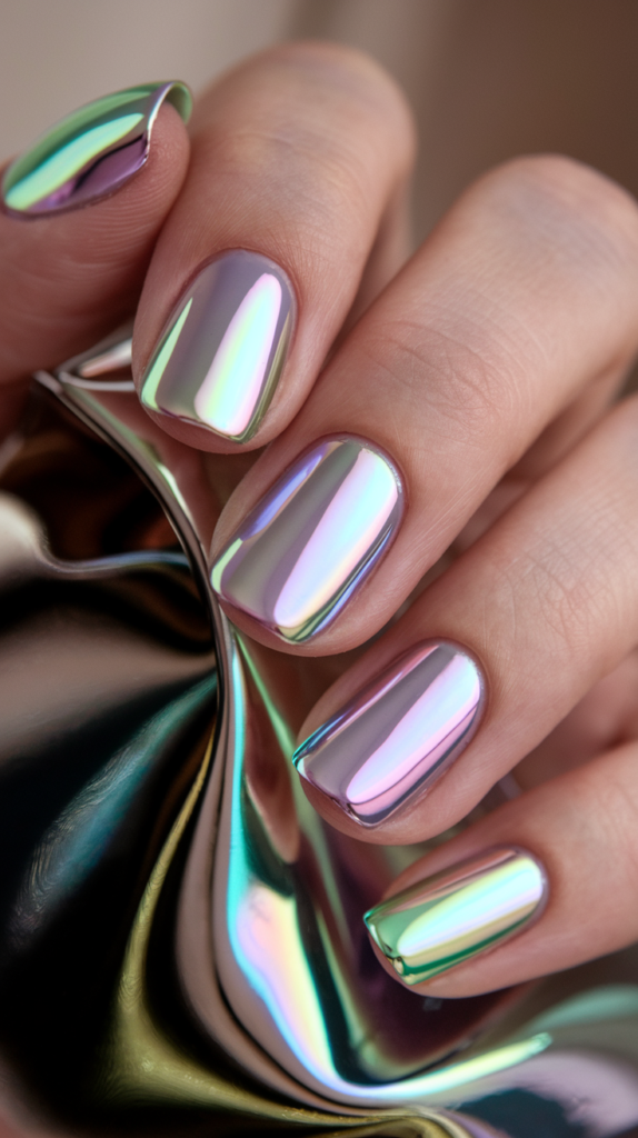 Soft pastel chrome nails in shades of mint, pink, and lavender with a shiny metallic finish.

