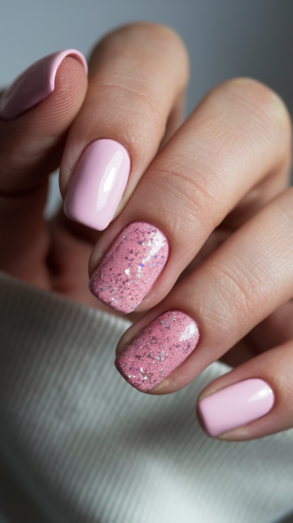 Elegant pink nails with glitter accents on a couple of fingers, adding sparkle and flair to a minimal design.

