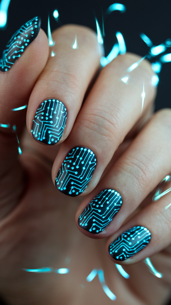 Neon Circuits – Close-up of black nails with intricate electric blue circuit board patterns glowing in the dark