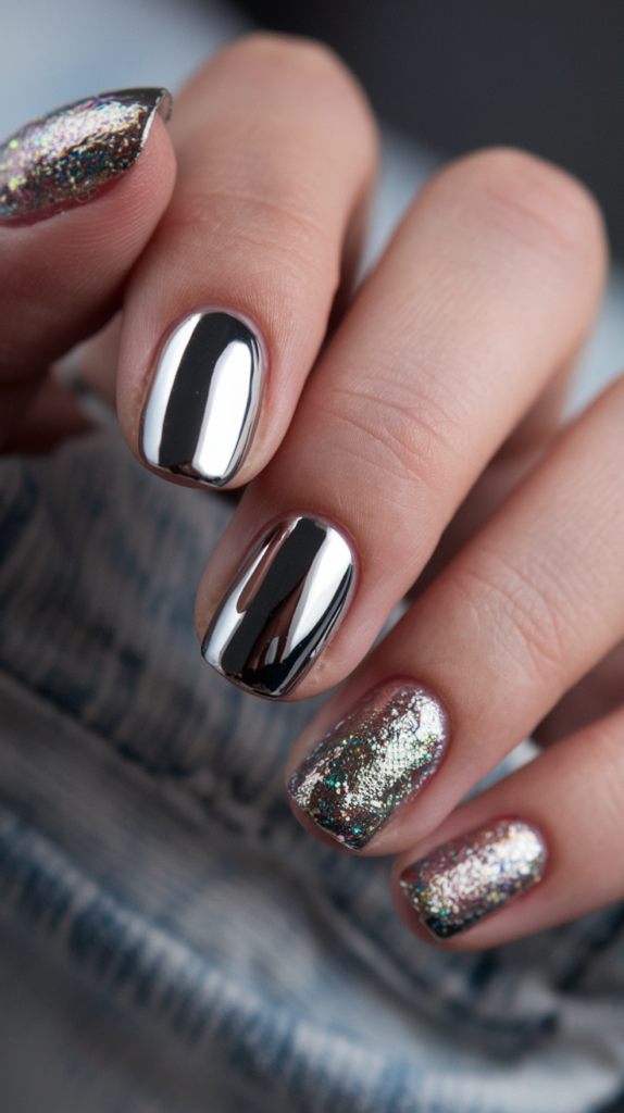 Chrome nails mixed with glitter accents, creating a dazzling and sparkling effect