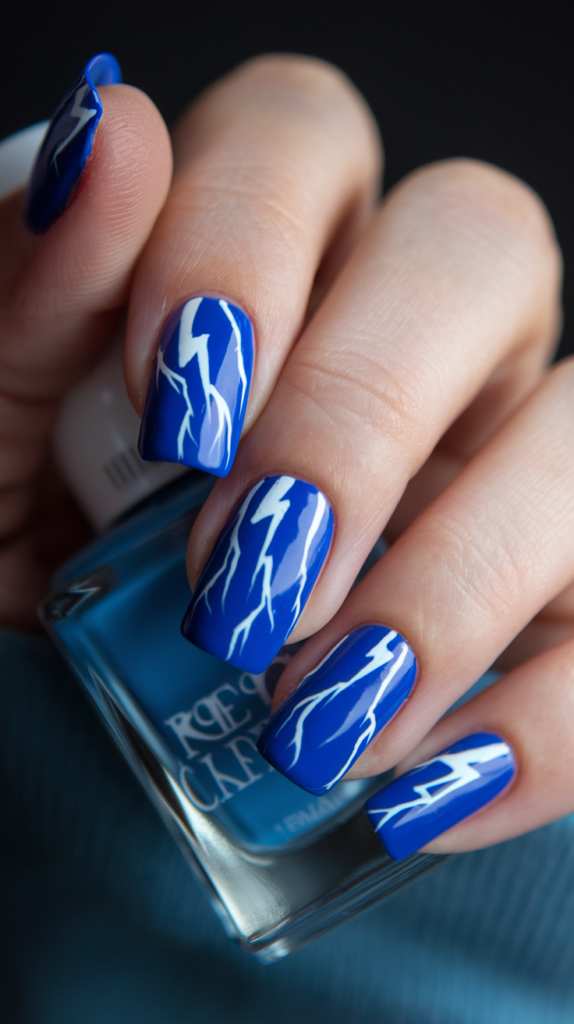 Electric Blue Lightning – Bold, electric blue with lightning bolt designs.
