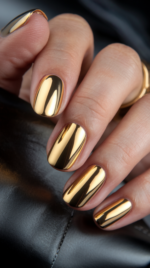 Luxurious gold chrome nails with a rich metallic shine for a glamorous appearance