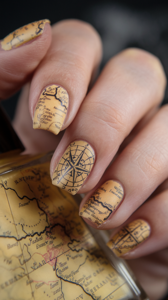 Nails with hand-painted map designs, including coastlines, mountains, and compass roses.

