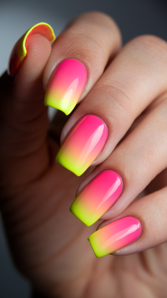 Gradient neon ombre nails transitioning from pink to yellow on square-shaped nails