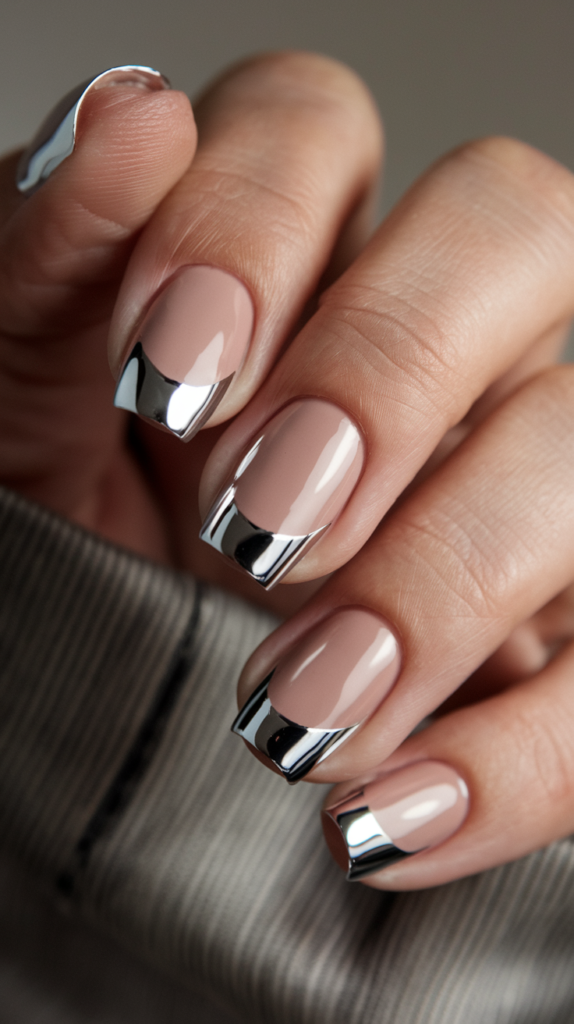 Matte black nails with bold silver chrome tips creating a sleek, stylish contrast.

