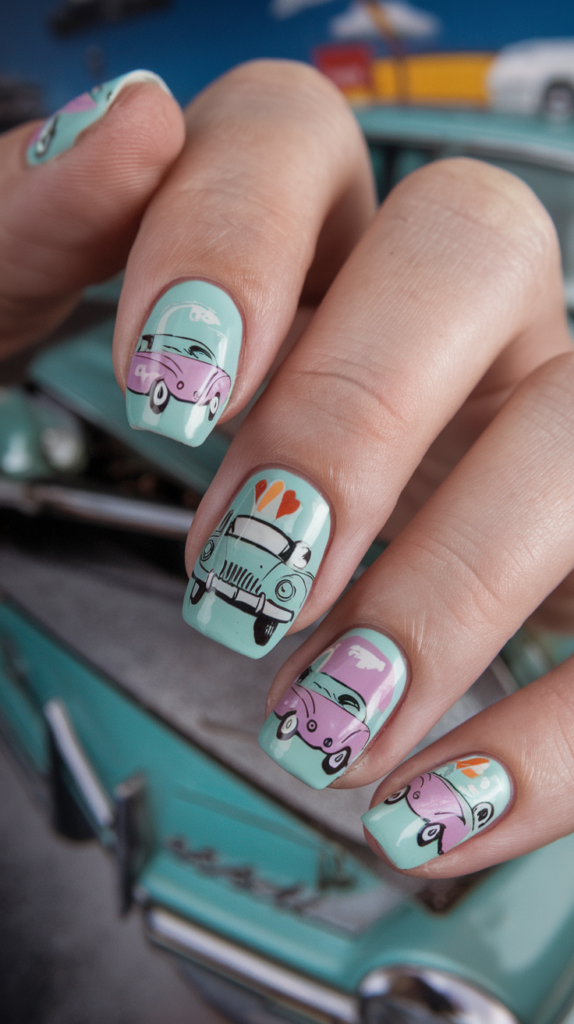 Nails featuring pastel-colored vintage cars and gas station motifs.

