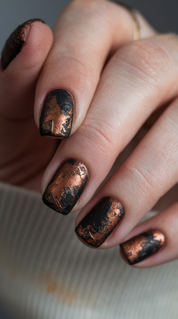 Nails with rust-like finishes in copper and black, mimicking weathered metal surfaces