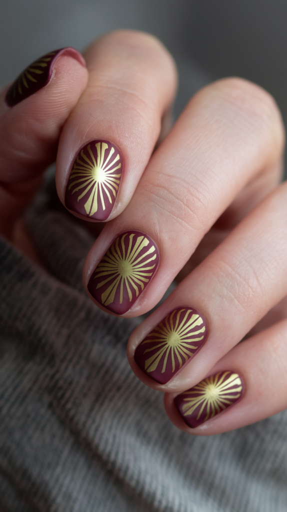 Matte burgundy nails featuring bold sunburst patterns in gold and black, mimicking the radiant designs of Art Deco architecture.
