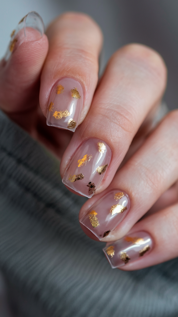 Transparent Gloss With Gold Foil: Clear nails with randomly placed gold foil and a glossy topcoat for shine.
