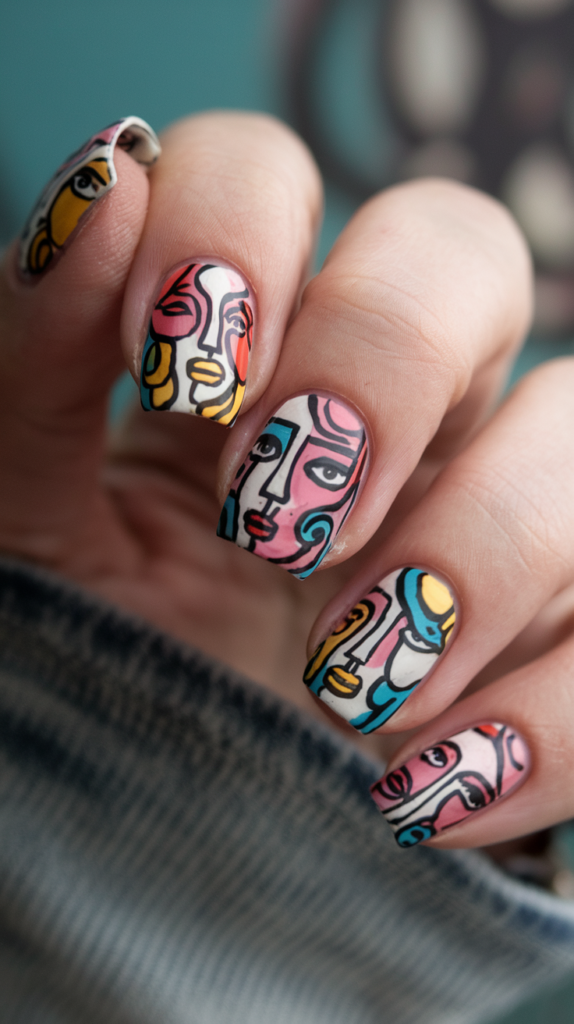 Detailed, colorful mural art spread across nails, showcasing abstract faces and graffiti patterns