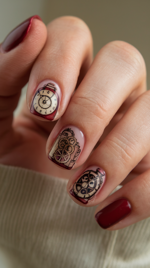 Nails featuring miniature clock faces with Roman numerals and delicate hands.

