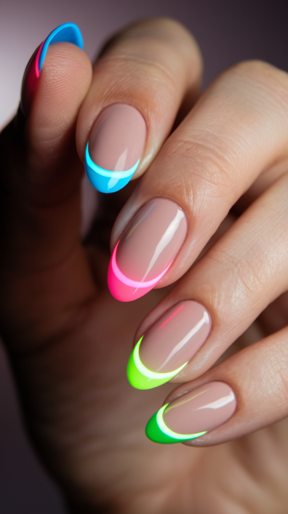 Close-up of hands with neon pink, blue, and green French tips on almond-shaped nails