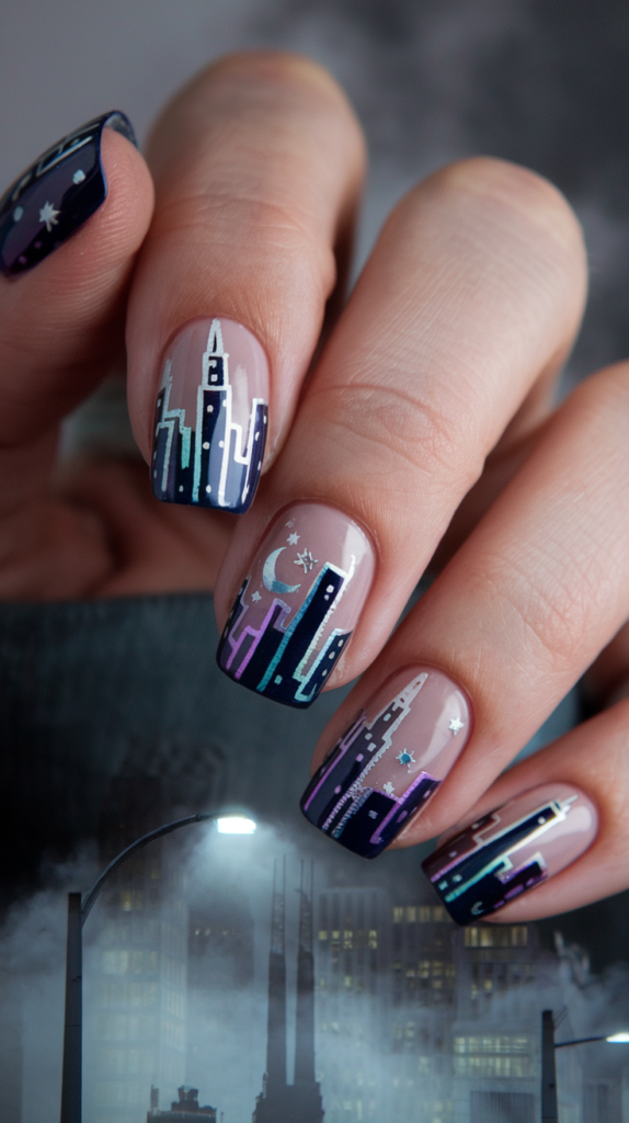 Nails with minimalist skyscraper silhouettes and glowing city lights on a twilight gradient background