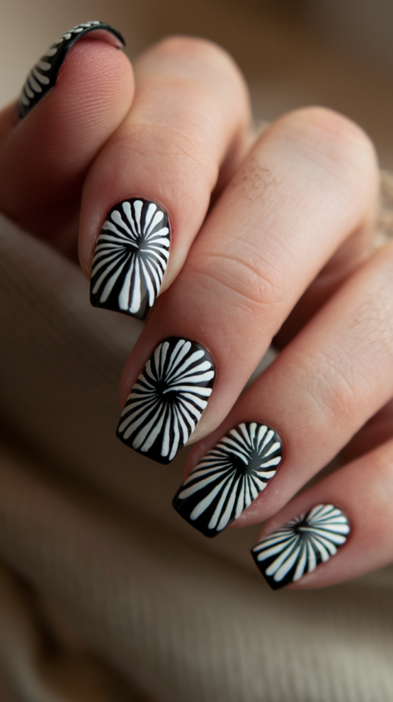 Black and white nails with sharp, angular fan designs, creating a chic and sophisticated monochrome Art Deco look.
