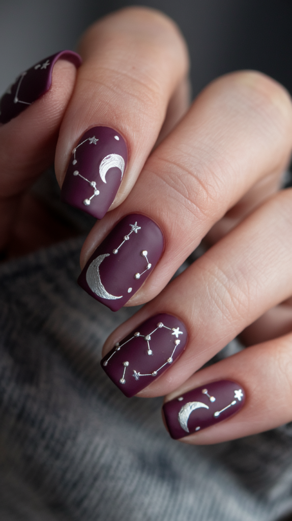 Moon and Stars on Plum Nails – Plum-colored nails with silver moons and stars scattered across, evoking a celestial night sky