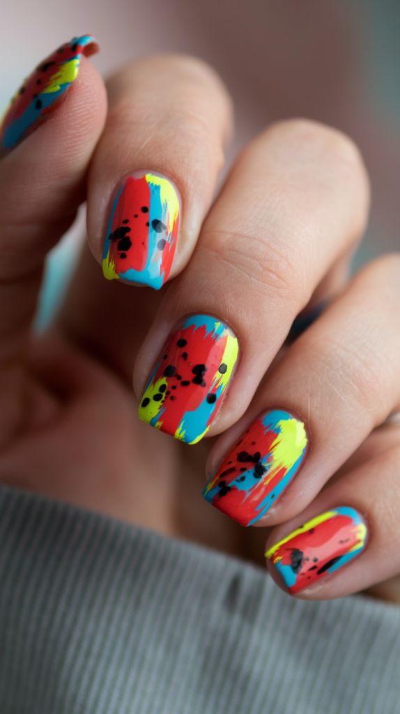 Nails with freestyle splatters and brush strokes in red, blue, and yellow on a matte black background