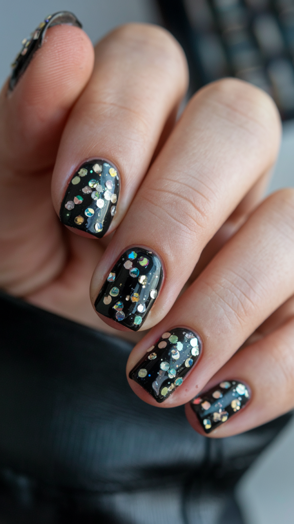 Embedded Glitter Chips – Black nails with micro glitter chips scattered to resemble shattered glass.
