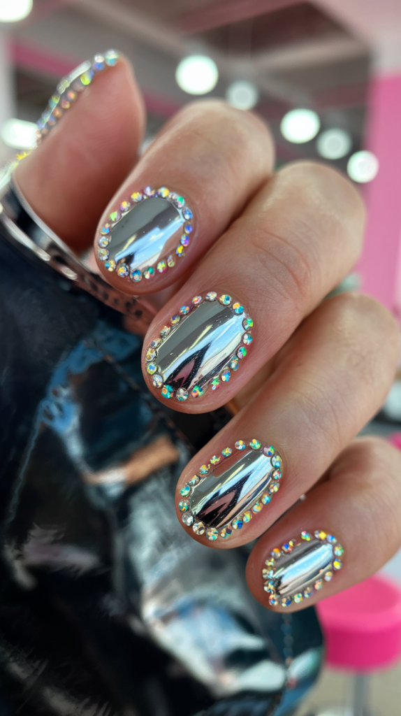 Nails featuring a silver chrome base with glitter accents creating a sparkling, luxe finish.

