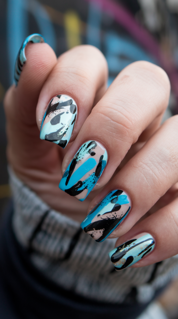 Blue Graffiti Art – Edgy, abstract designs using various blue shades for a graffiti-inspired look.
