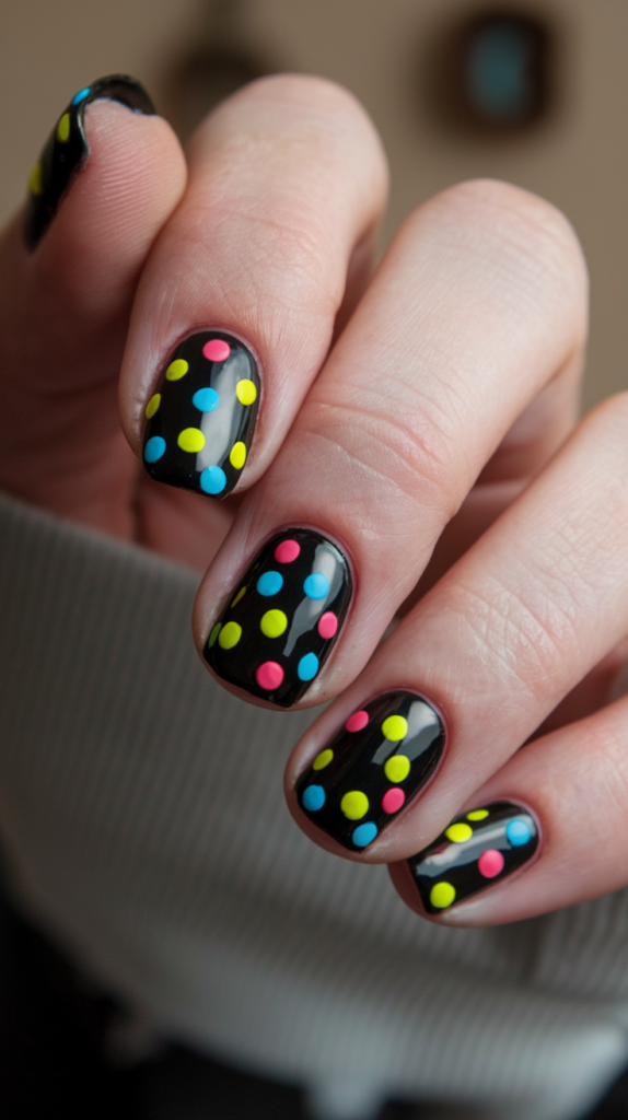 Multicolored Polka Dots on Black: A black base with dots in vibrant colors like yellow, pink, and blue.
