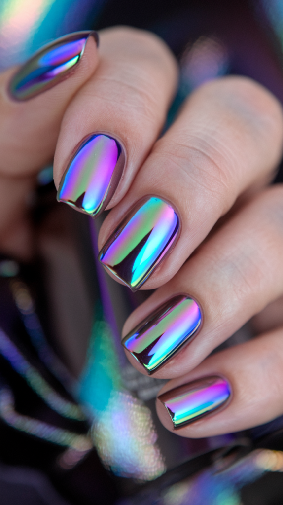 Holographic chrome nails shifting between rainbow colors like purple, blue, and green in light.