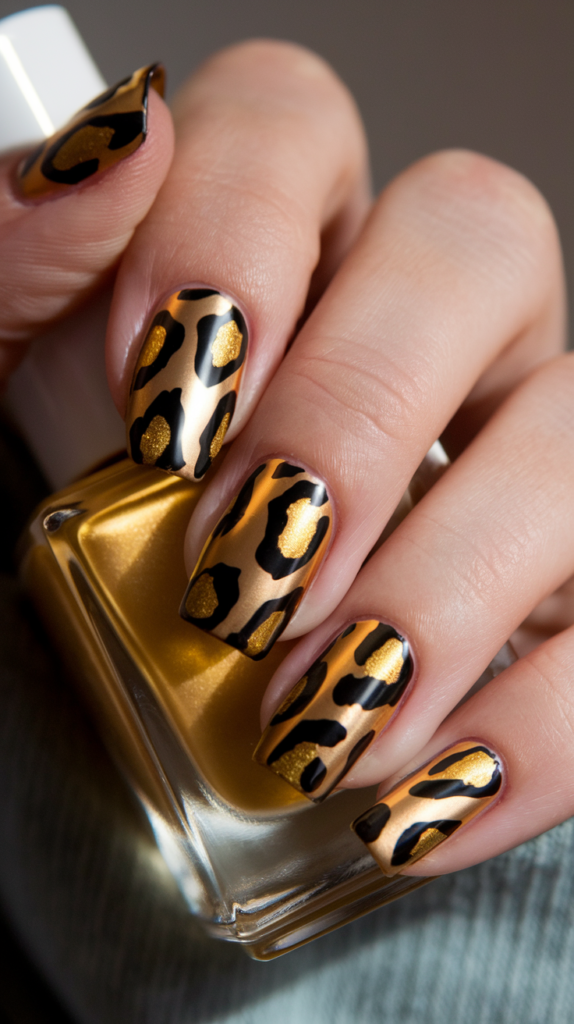 Golden-hued nails featuring bold, angular black jaguar spots for a graphic, statement look