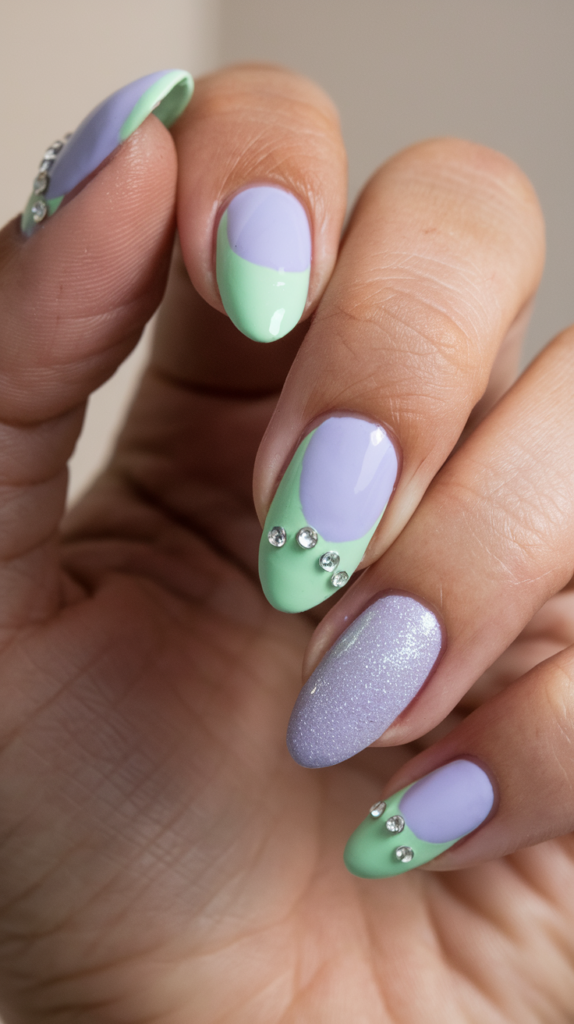 Alternating mint green and lavender nails with a glossy finish