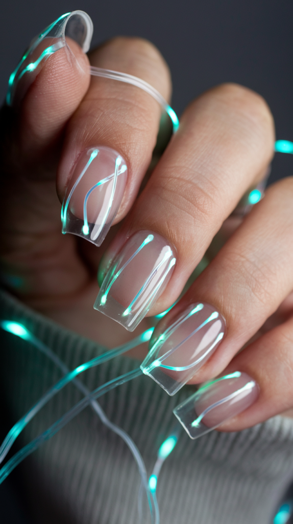 Fiber Optic Nail Art – Clear nails embedded with glowing fiber optic strands beneath a gel coat.
