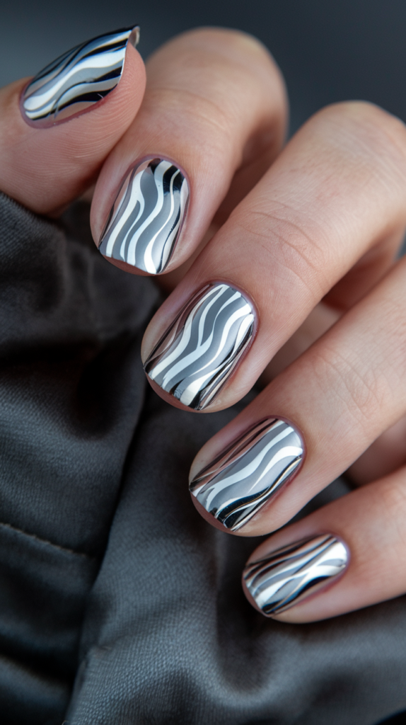 Matte black nails with flowing silver chrome wave patterns for a dynamic, fluid design.

