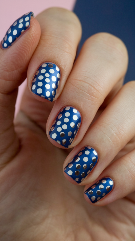 Playful design with small chrome polka dots scattered over a matte nude base