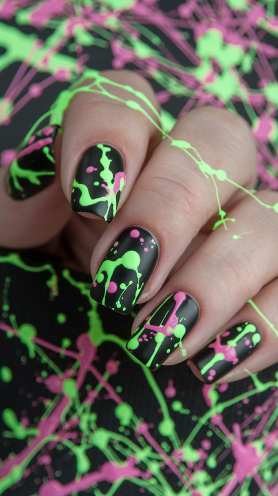 Black nails with bright neon paint splatters in green, yellow, and pink, creating a chaotic and artistic look